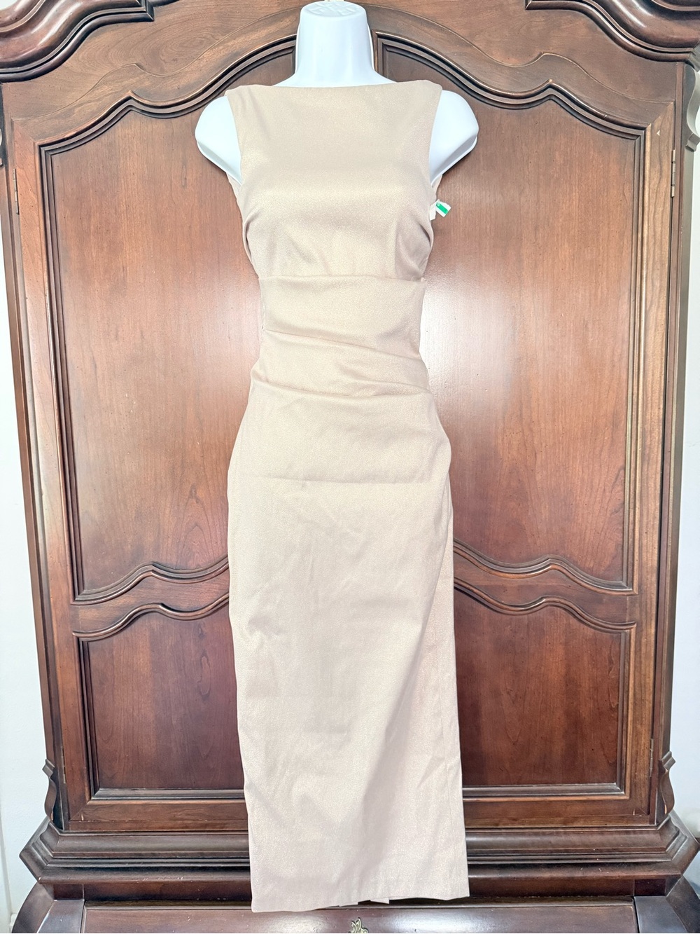 Talbot Runhof Metallic Blush Pink Ruched Bow Back Midi Cocktail Dress 32